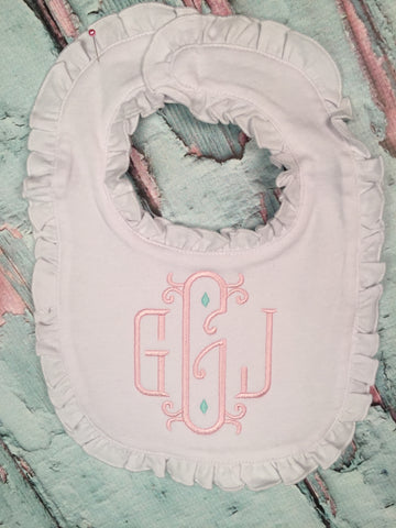 Gretchen Monogram for Girls Ruffle Trim Bibs and Burps - Just The Thing Shop