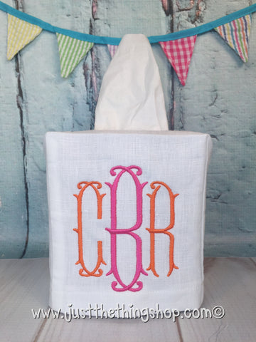 White Linen Monogramed Tissue Box Cover - Just The Thing Shop