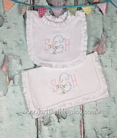 Sybil Monogram Ruffle Trim Bibs and Burps