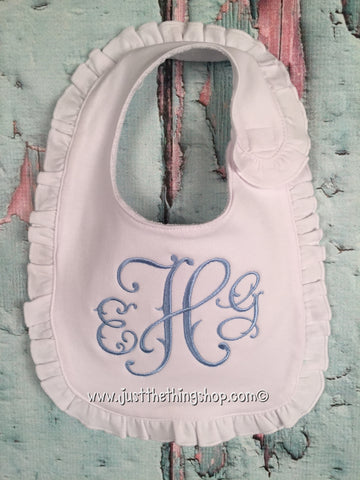 Wicks Monogram for Girls Ruffle Trim Bibs and Burps - Just The Thing Shop