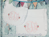 Rosebud Monogram Ruffle Trim Bibs and Burps - Just The Thing Shop